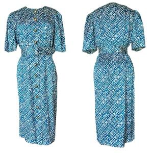 Vintage Silk Geometric Print Button Down Dress